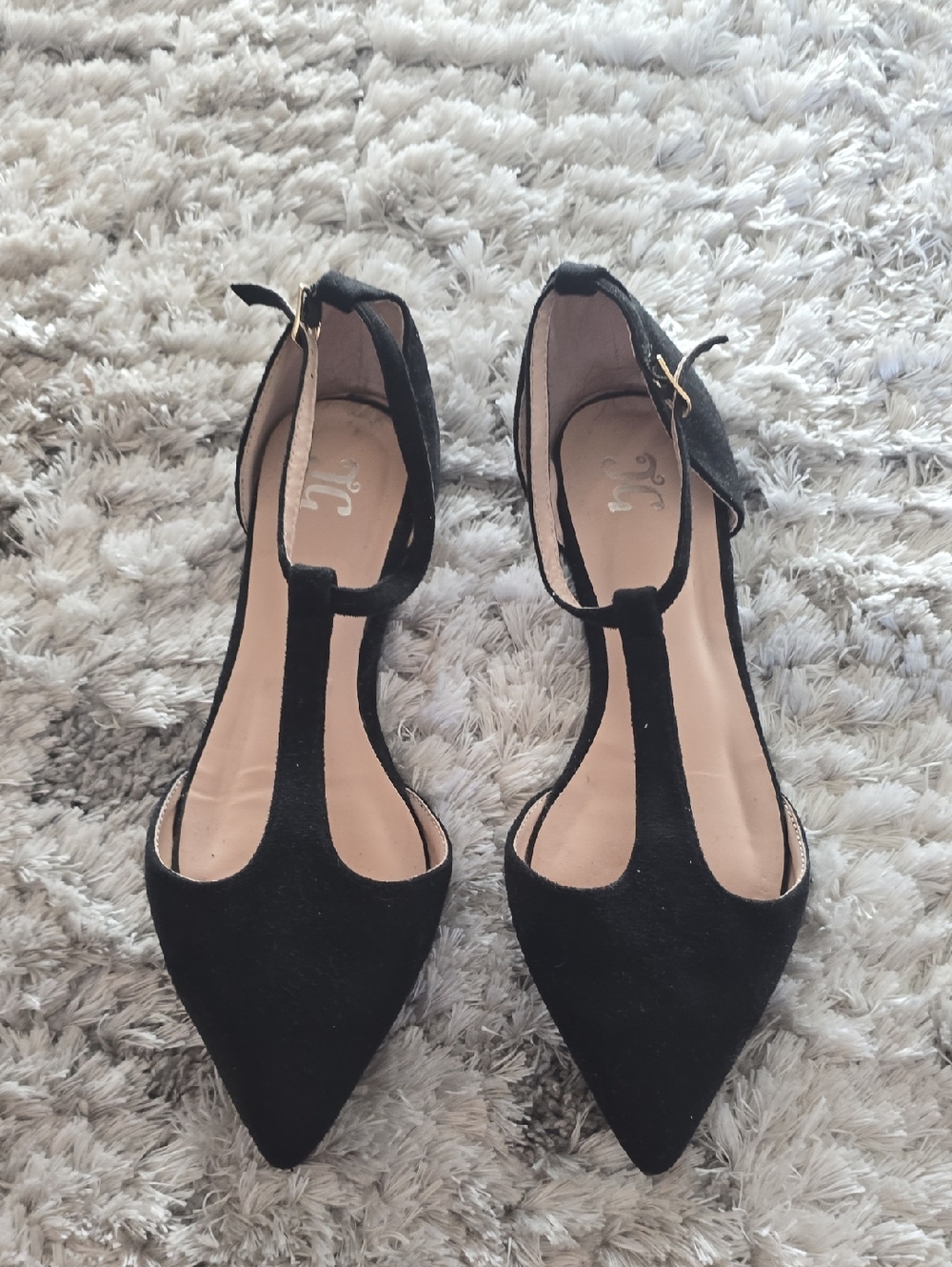 Black T-Strap Pointed Flats with Ankle Buckle